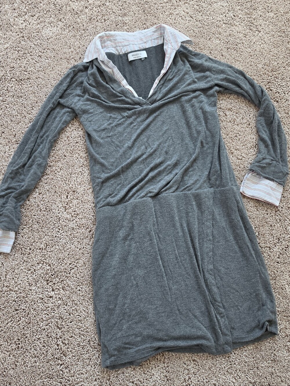 Anthropologie Gray Long-Sleeve Layered Shirt Dress with Striped Collar